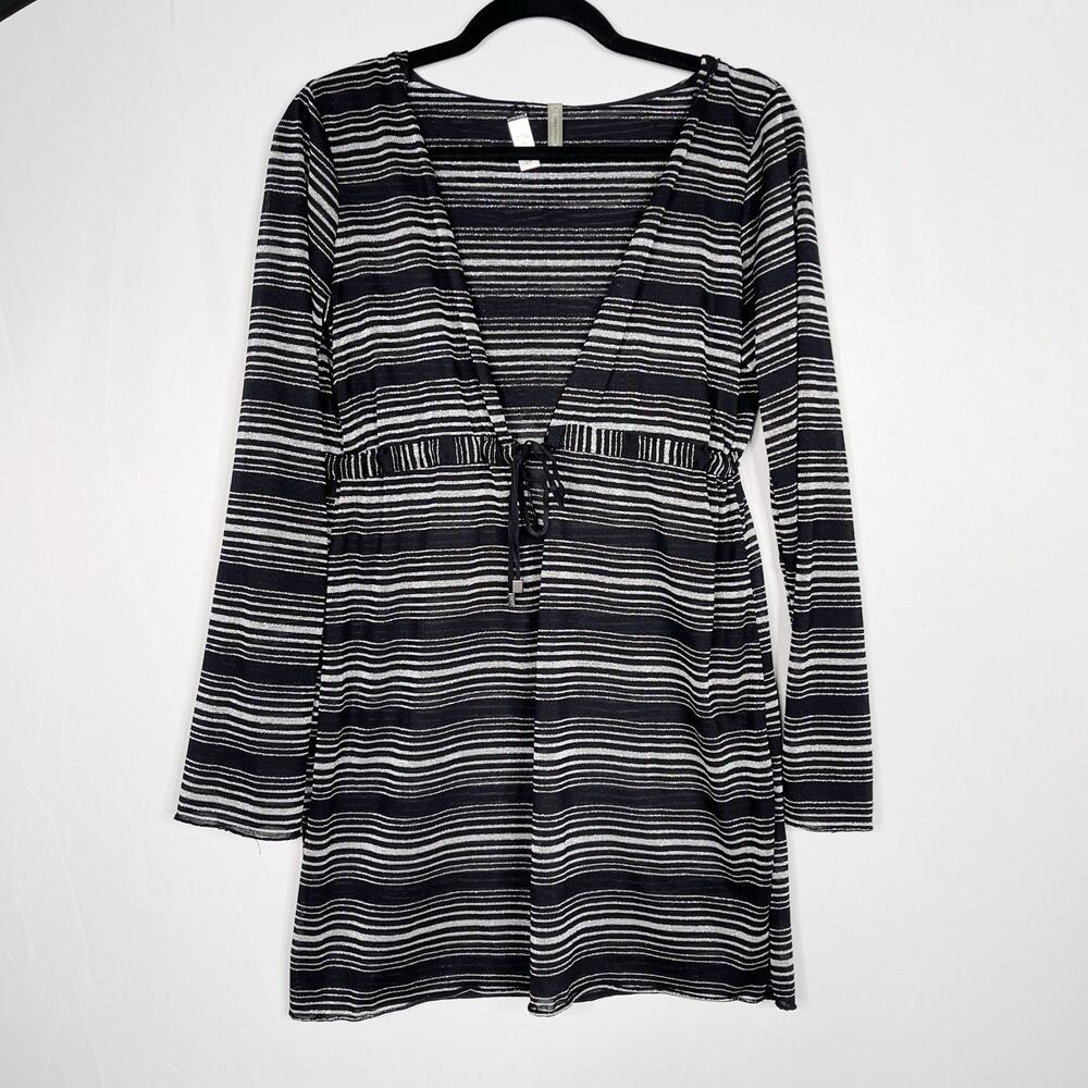 Vitamin A Medium M Striped Long Sleeve Cover Up Dress Black Silver Lurex Swim